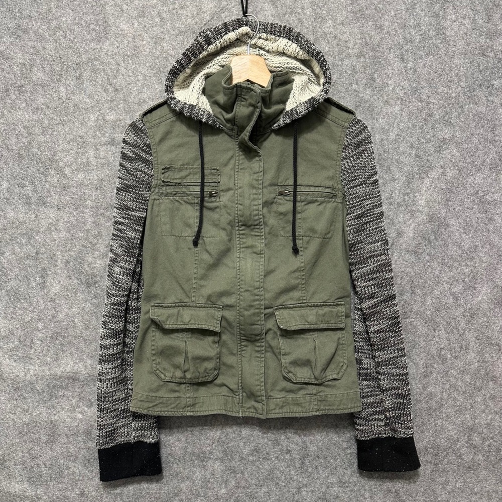 Mudd Military Jacket Womens Small‎ Green Y2K Knit Sleeve Hooded Utility Cargo